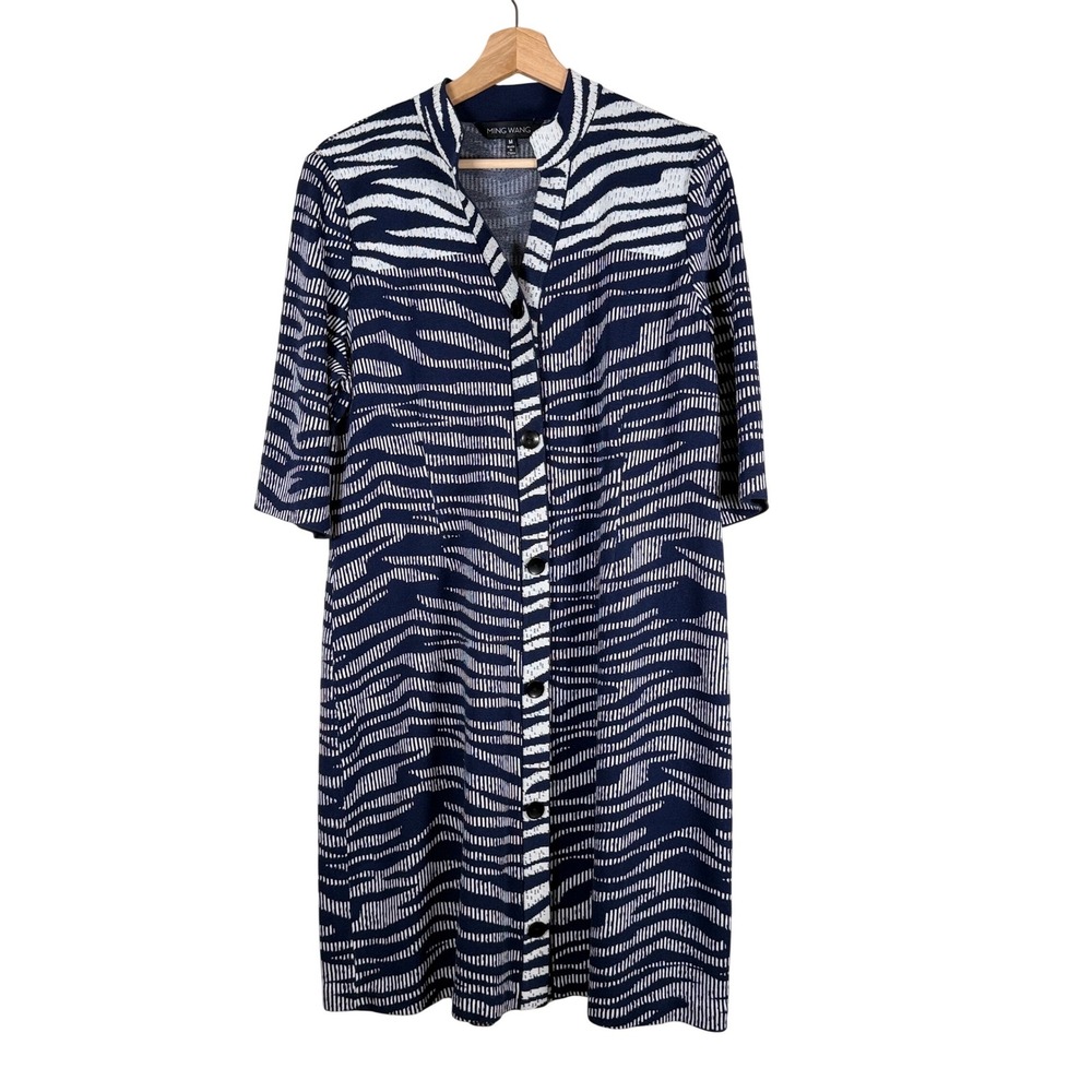 Ming Wang Women's‎ Size M Navy White Zebra Print Button Front 3/4 Sleeve Dress